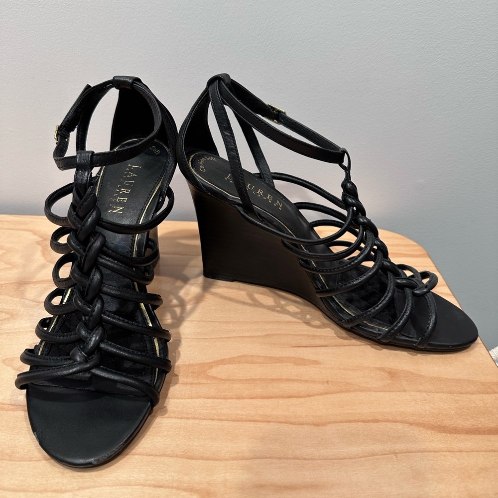 Ralph Laure. Black Strappy Wedge Sandals